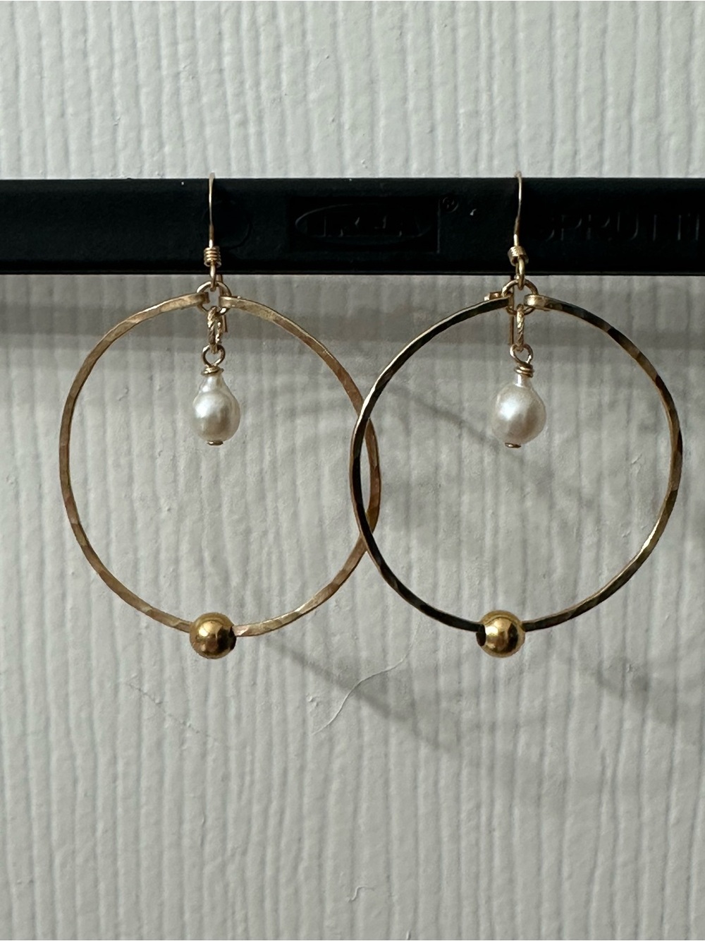 14k Gold-Filled Earrings Hammered Hoops  Gold Beads White Pearls Handmade New